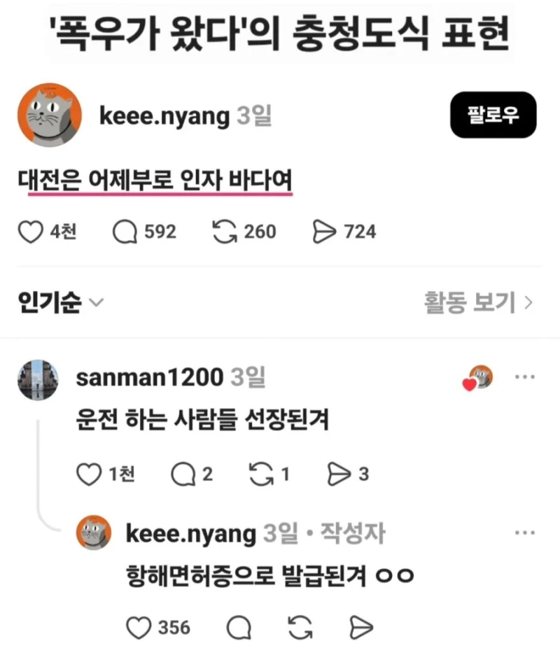 "폭우가 왔다" 충청도식 표현