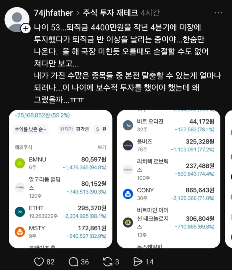 퇴직금 4400만원을 미장 투자한 53세