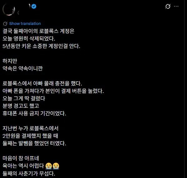 초5 아들이 5년동안 키운 로블록스 계정을 삭제한 엄마