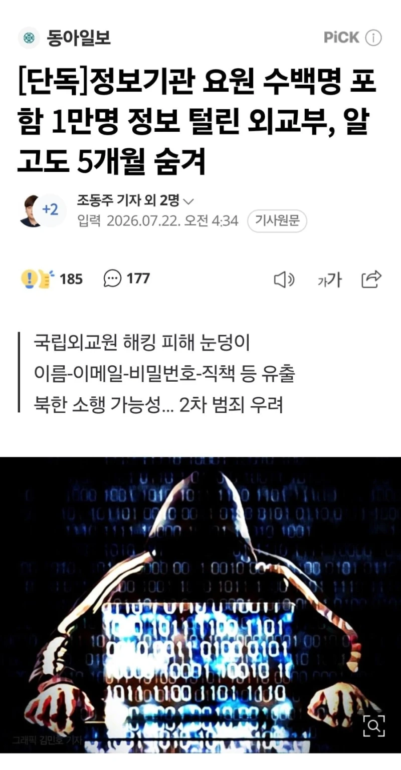 정보기관 요원 수백명 포함 1만명 정보 털린 외교부, 알고도 5개월 숨겨