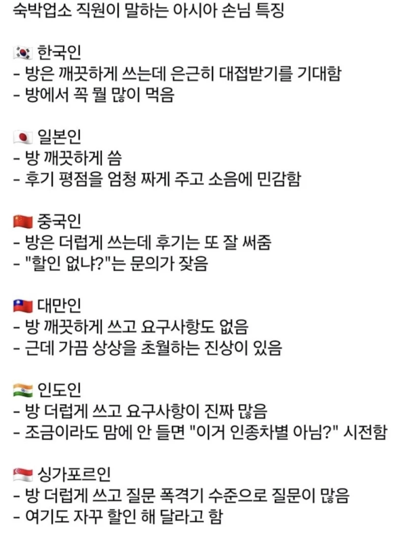 숙박업소 직원이 말하는 아시아 손님 특징