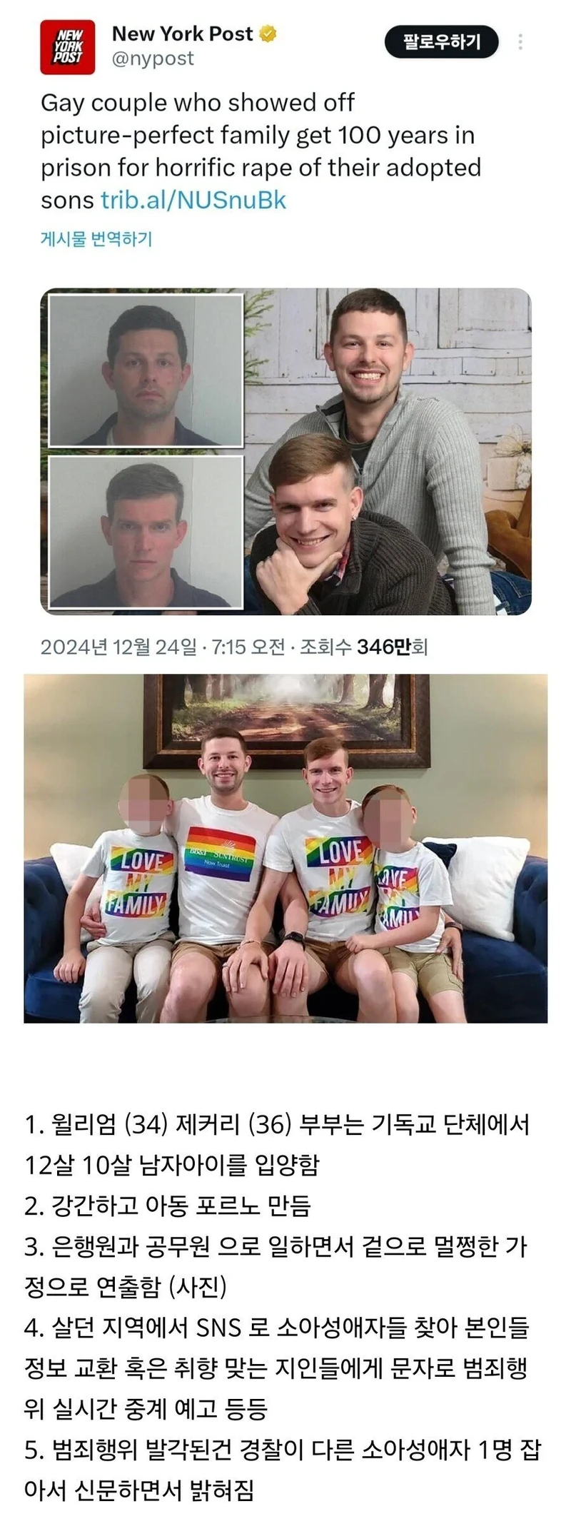 입양한 아들을 강간한 게이 부부 100년 구형