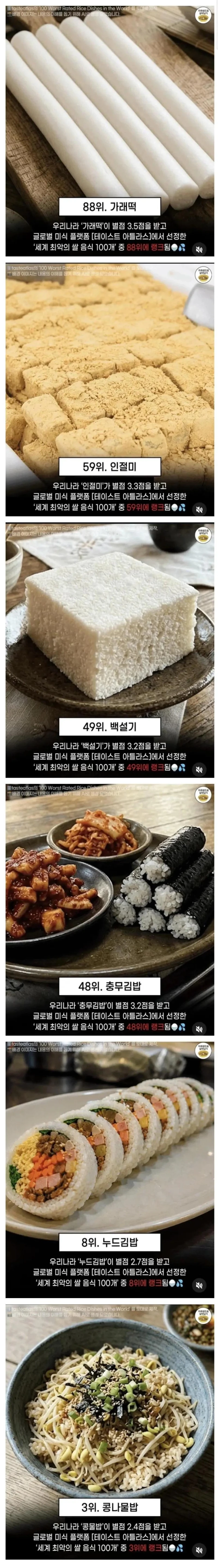 세계 최악의 쌀요리 TOP100 중 한국음식들
