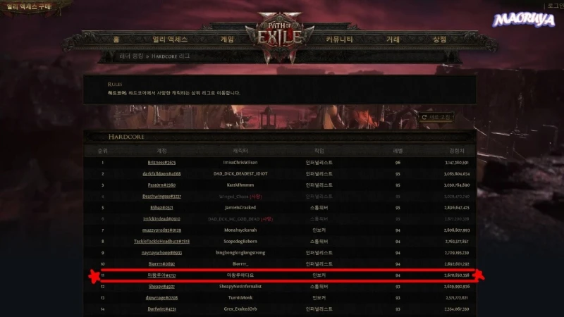 poe2 하드코어 세계랭킹 11위 한국 1위 달성한 버츄얼 스트리머.jpg