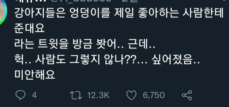 강아지는 엉덩이를 제일 좋아하는 사람에게 준다
