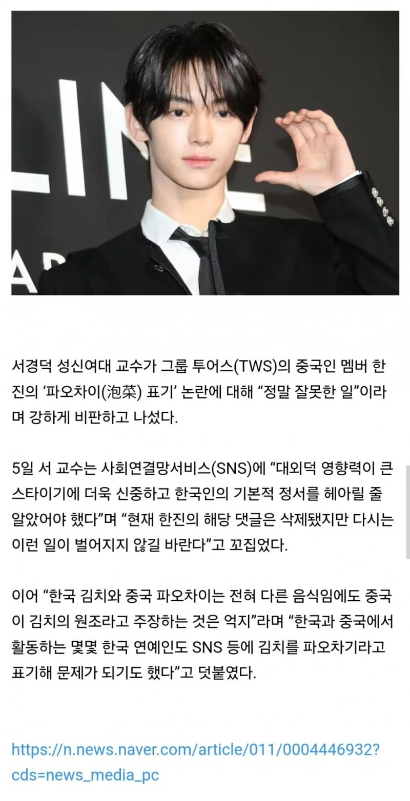 ‘파오차이 찌개 먹었어요’ 쓴 中 출신 아이돌…서경덕 “정말 잘못한 일”