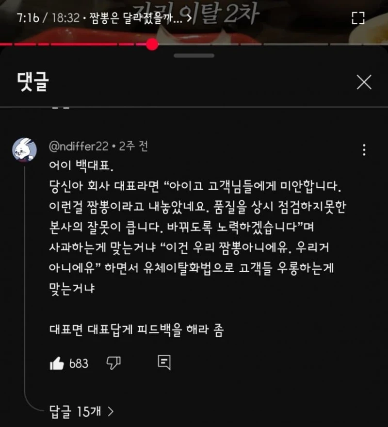 홍콩반점 짬뽕 점검 영상 일침 댓글