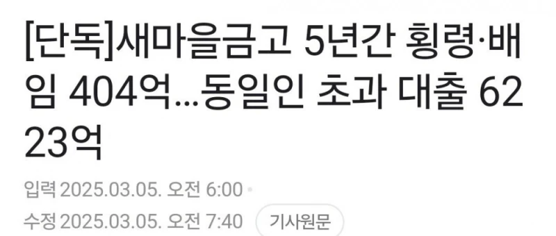 새마을금고 5년간 횡령·배임 404억