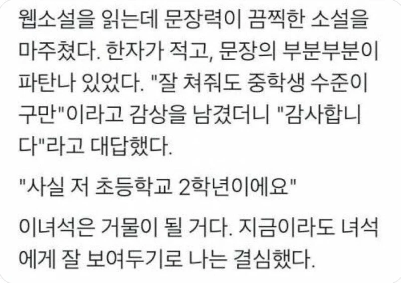 "웹소설 작가의 문장력이 끽해야 중학생수준이네.. ㅉㅉ" 