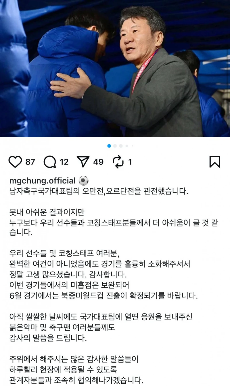 [속보] 오늘자 정몽규 인스타그램 업로드 글 