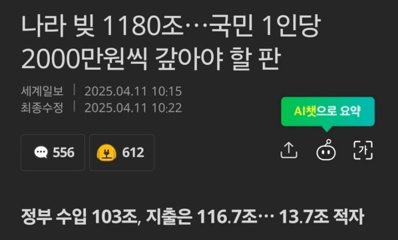 나라 빚 1180조 국민 1인당 2000만원씩 갚아야 할 판 