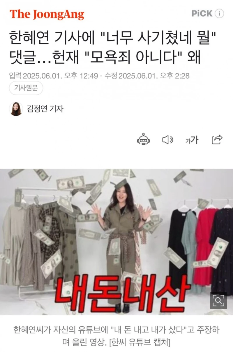 한혜연 기사에 "너무 사기쳤네" 댓글…헌재 "모욕죄 아니다"