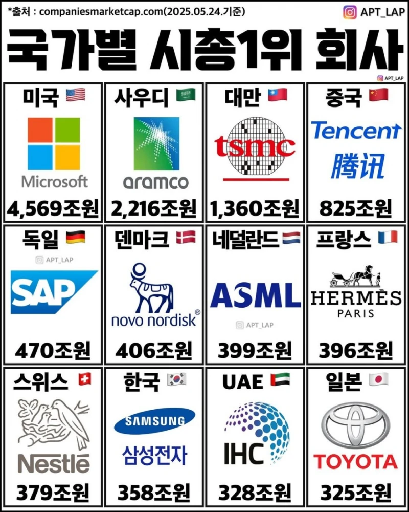 각 국가별 시총 1위 회사
