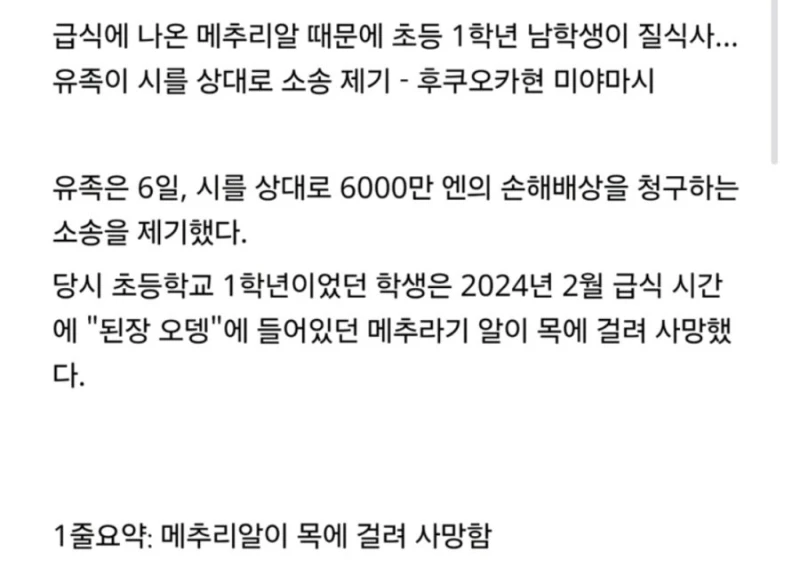 일본 초등생 급식 먹다가 사망 사건-2