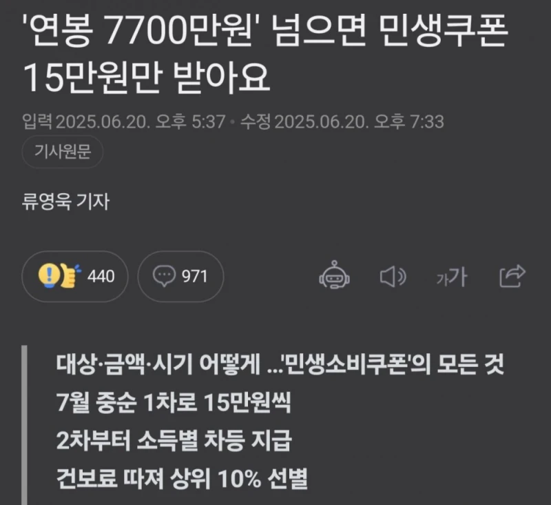 '민생쿠폰' 15만원만 받는 상류층 연봉컷