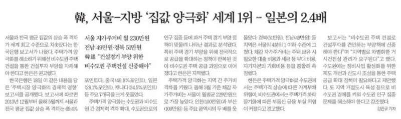 韓 집값 양극화 전세계 1위. 일본의 2.4배