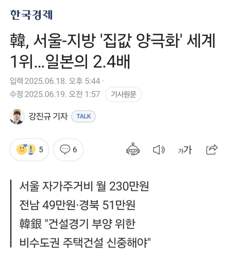 韓 집값 양극화 전세계 1위. 일본의 2.4배-2