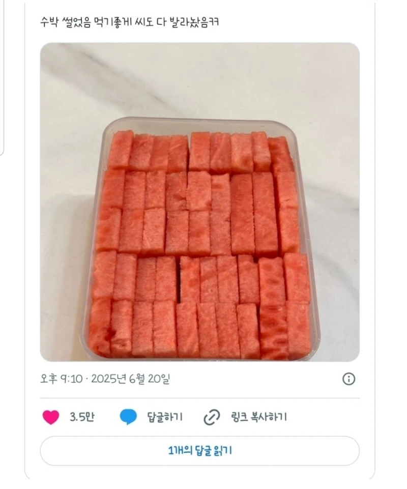 먹기 좋게 썰고 씨도 다 발라놓은 ㅎㄷㄷ한 수박