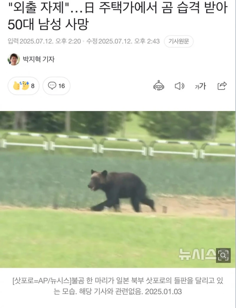 日 주택가에서 곰 습격 받아 50대 남성 사망 