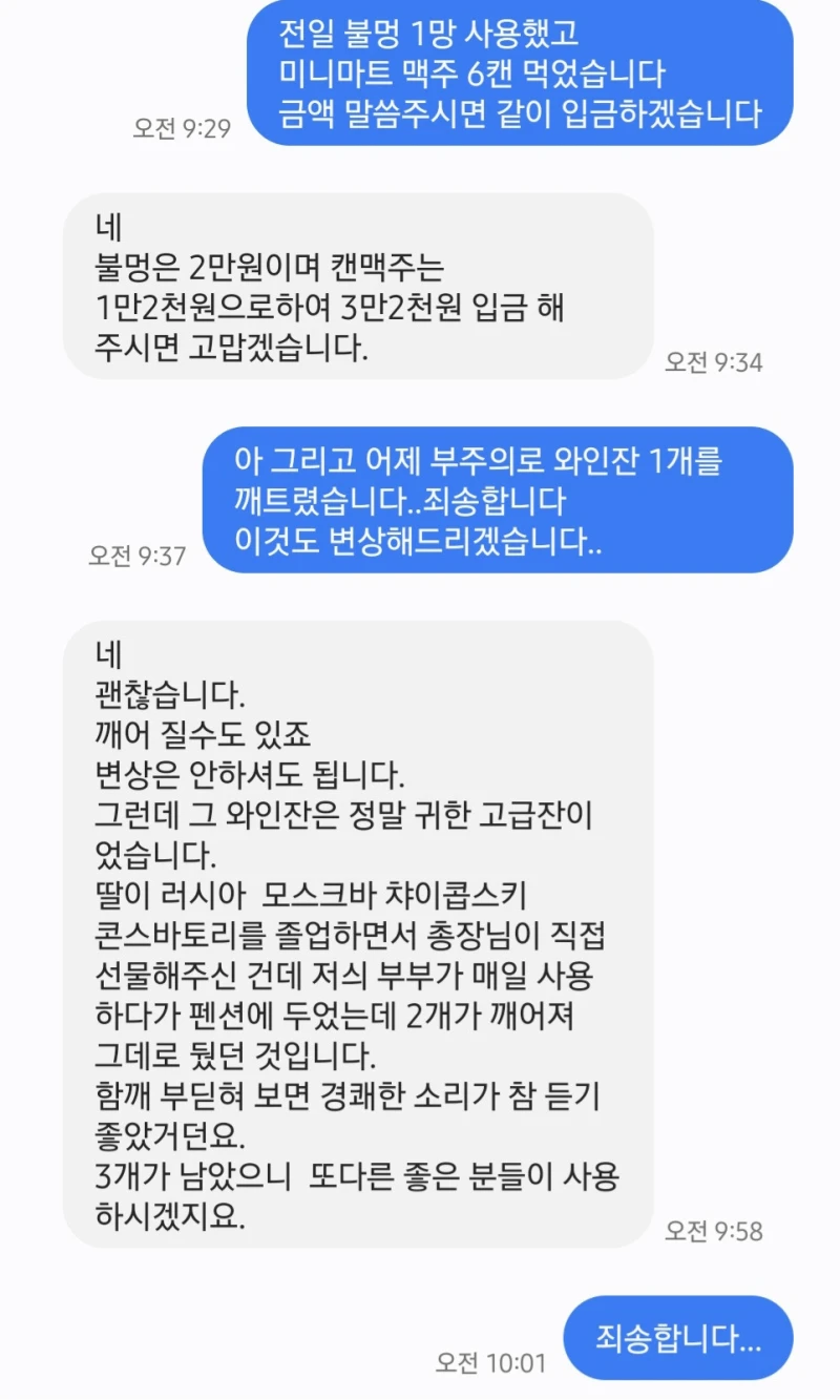 에어비앤비에서 와인잔깨트리고 받은 문자 
