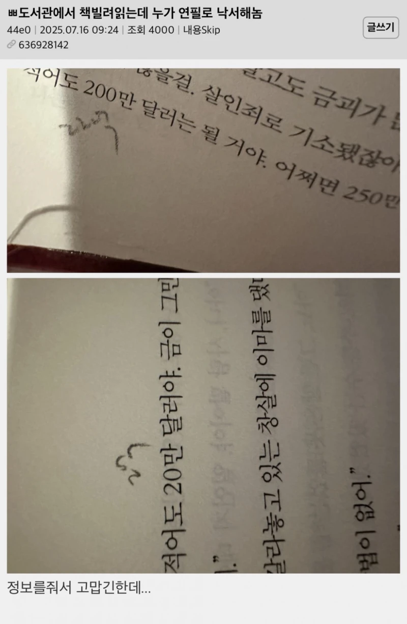 도서관에서 책빌려읽는데 누가 연필로 낙서해놈