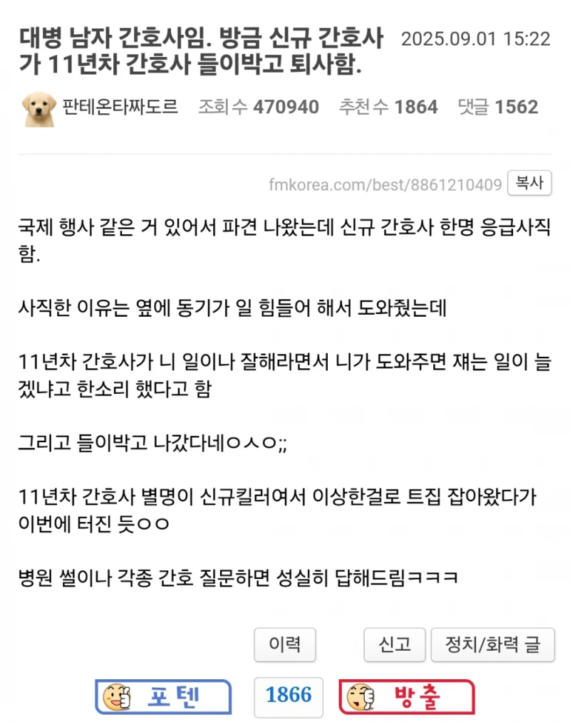 방금 신규 간호사가 11년차 간호사 들이박고 퇴사함