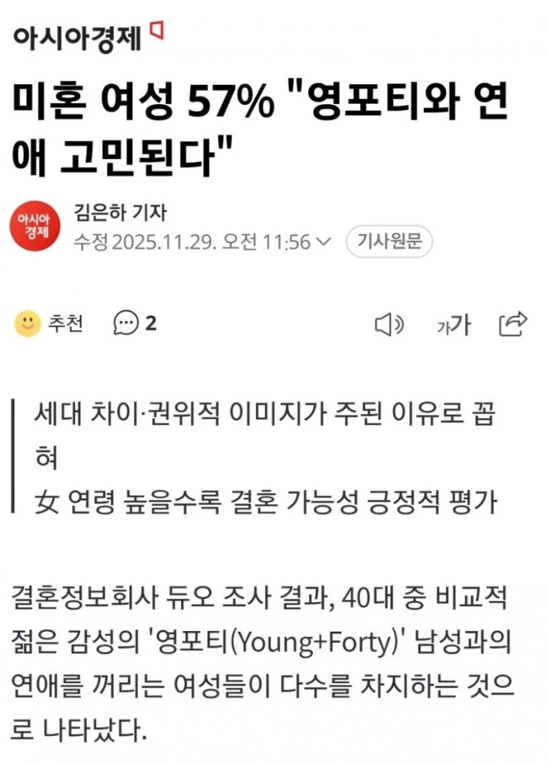 미혼여성 57%, "영포티와 연애 고민된다"