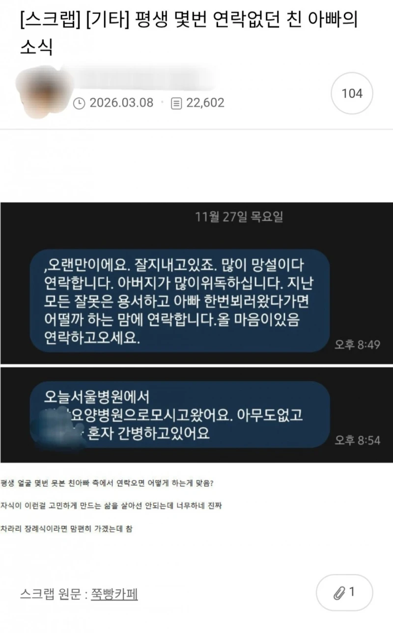 평생 몇번 연락 없던 친 아빠의 소식