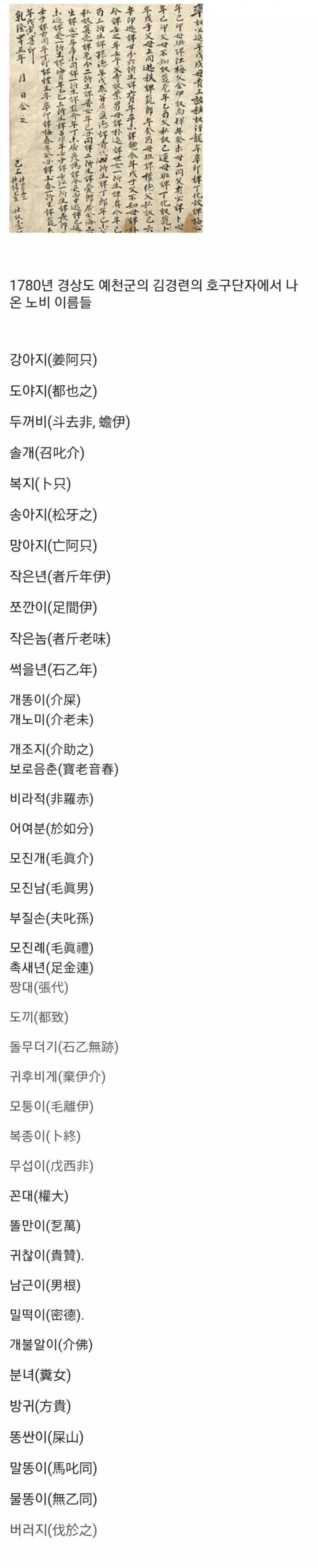 조선시대 노비들 이름 수준ㄷㄷ