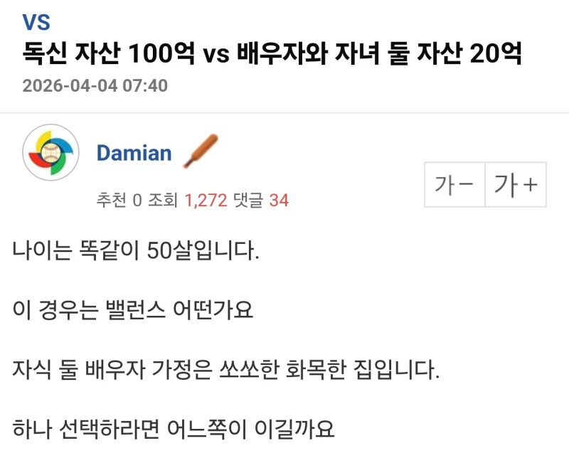독신 자산 100억 vs 배우자와 자녀 둘 자산 20억