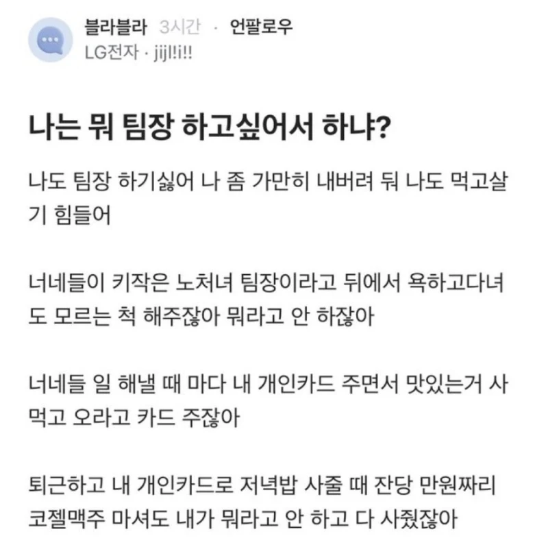 나는 뭐 팀장 하고 싶어서 하냐?