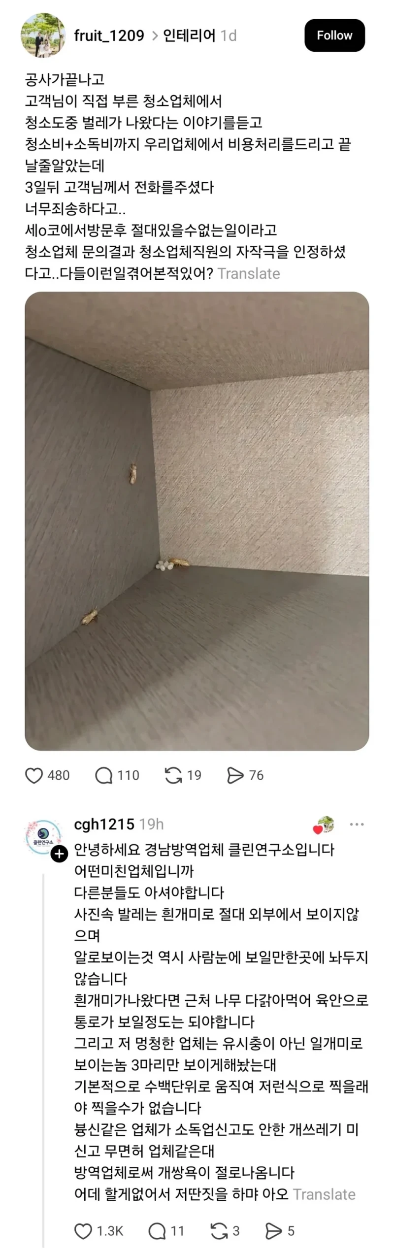 청소 도중 벌레 나왔다고 사기친 청소업체