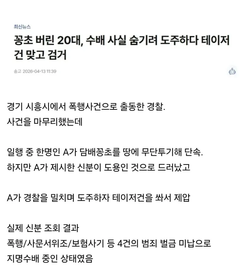 담배꽁초 버렸다가 테이저건 맞은 20대