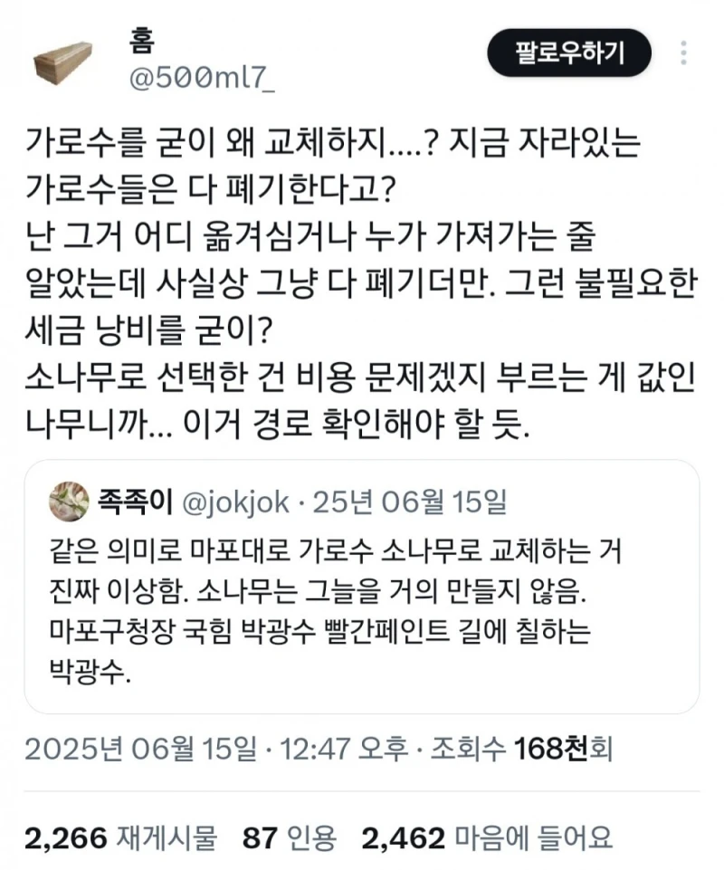 기존 가로수 다 뽑고 소나무 심은 마포대로 가로수 상태-2
