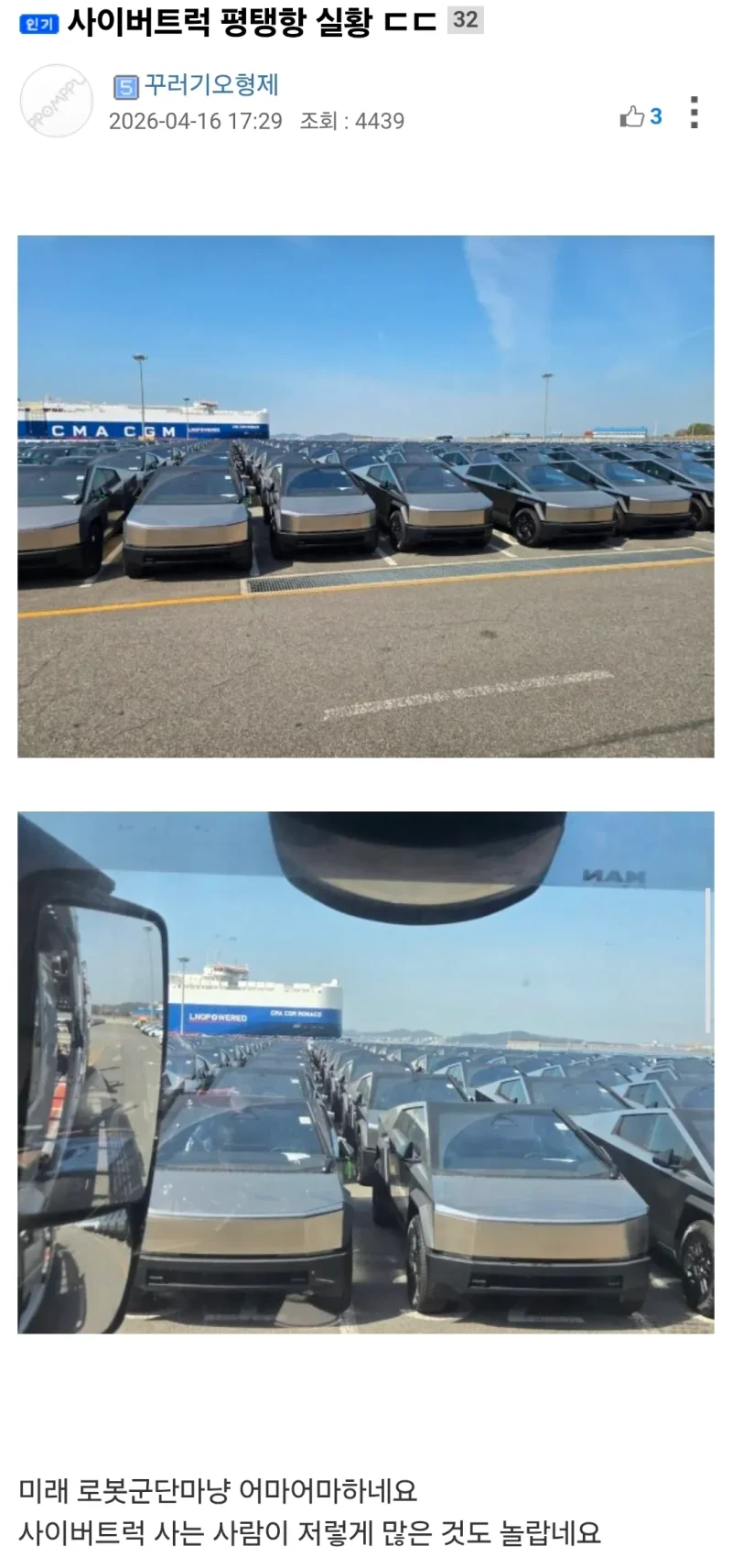 테슬라 사이버 트럭 평택항 실황