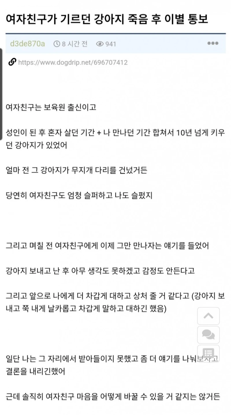 여자친구가 반려견 죽음 이후에 이별통보를 함