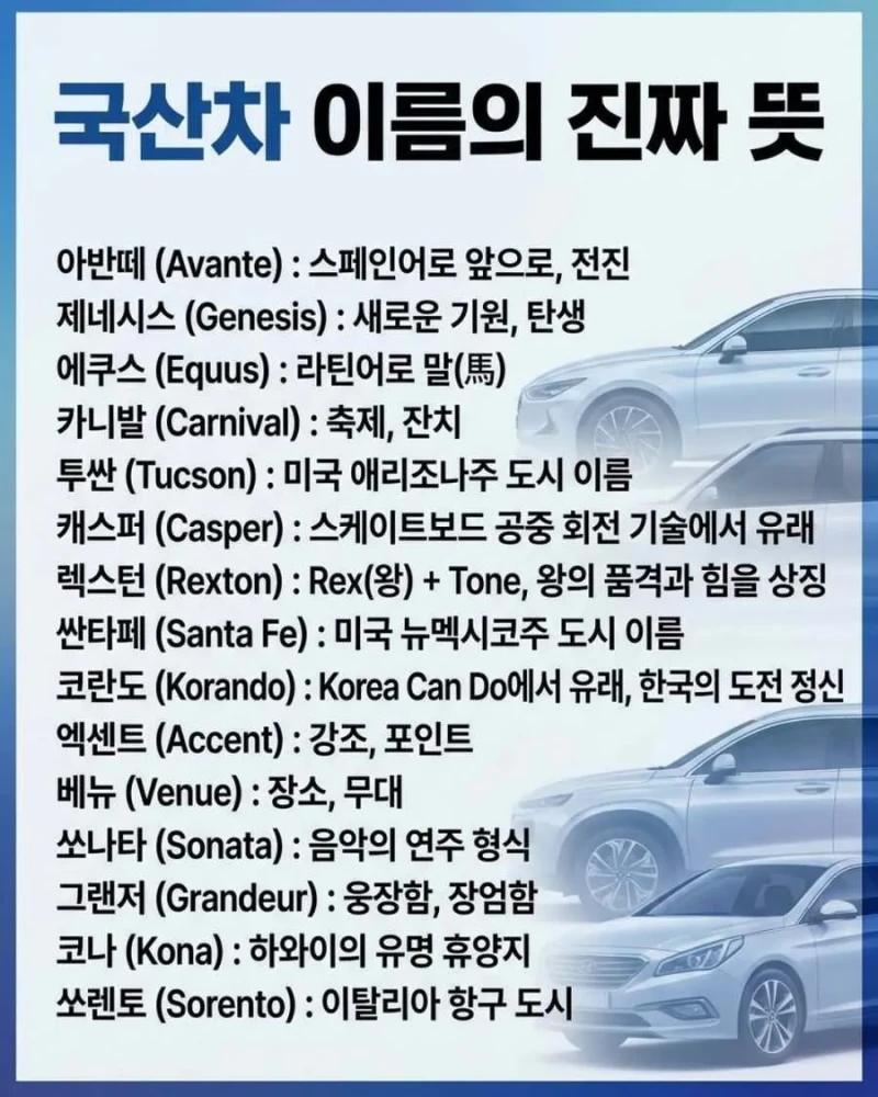 의외로 잘 모르는 국산차 이름의 진짜 뜻
